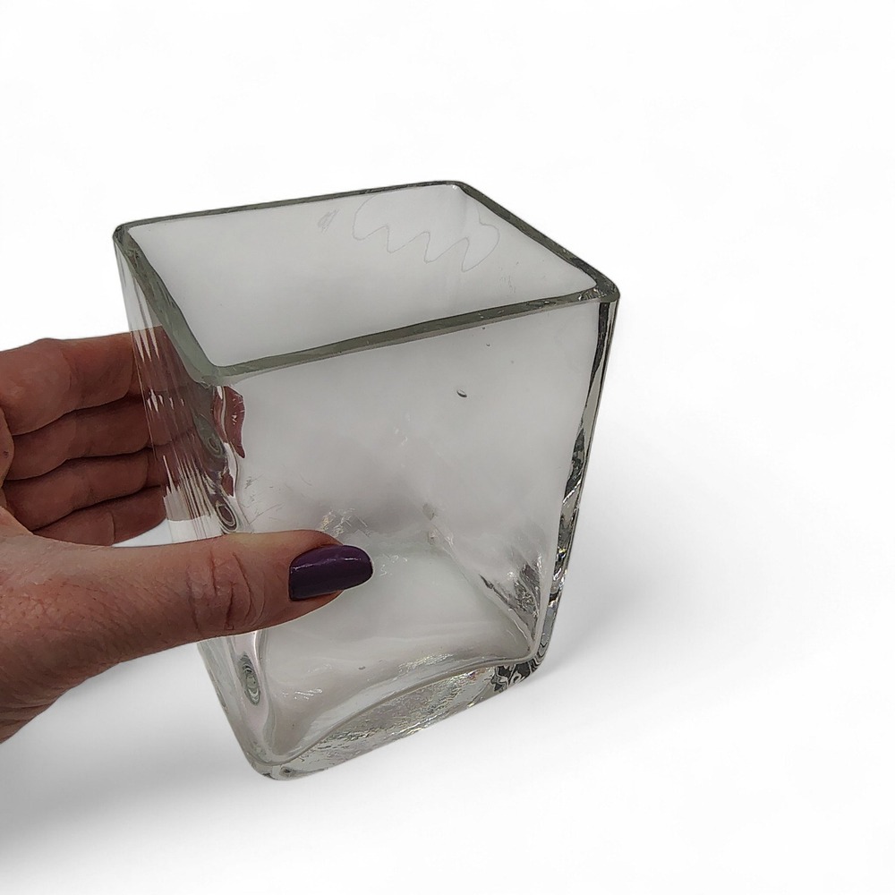 Rectangle Clear Glass Vase 5.5" Tall MCM Modern Home Decor‎ Thick Heavy Wavy